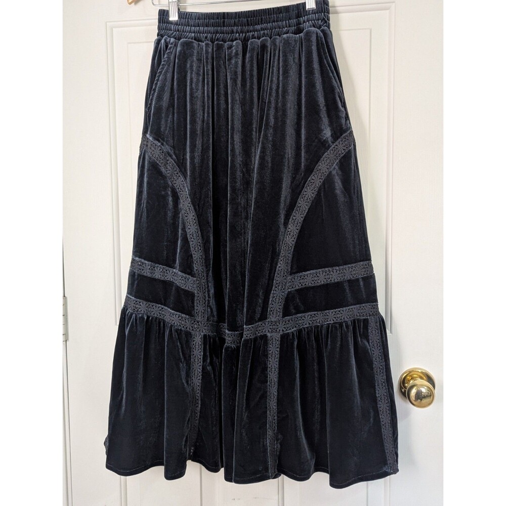 Velour Lace Tiered Maxi Skirt Small Black Boho Witchy Whimsigoth Festival Gypsy